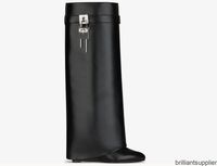 SHARK LOCK Knee boots leather silver and gold finish asymmetrical metal padlock clad wedge almond shaped toe heel height 9cm