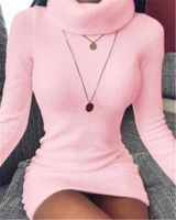 Günlük Elbiseler Sonbahar Kış Kadın Mini Elbise Balıkçı Yaka Sıcak Uzun Asleeve Peluş Seksi Bodycom Düz Renk Paketi Hip Tunik Vestidos