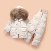 Down casaco moda crianças meninas conjunto de roupas menino desgaste neve parka pato + macacão grande pele com roupa de engrossar à prova de vento com capuz