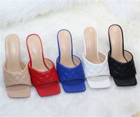 50%off Slippers Woman Marian Sqaure Toe Red Quilted Mule Heels Shoes PU High Heel Mules Women Sandals Sliper 9cm heels 051201