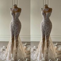 2021 새로운 크리스탈 인어 웨딩 드레스는 레이스 Appliqued 신부 가운을 통해 봅니다 고급스러운 스팽글 두바이 웨딩 드레스 사용자 정의