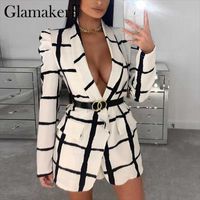 Glamaker Ekose Derin V Boyun Seksi Blazer Kadınlar Sonbahar Uzun Kollu Beyaz Ofis Bayanlar Blazer 2020 Elagent Moda Ceket