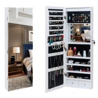 Waco Espelho completo, armário de armazenamento de jóias, parede de madeira montada, 8 azul LED luz, prateleira de 4 camadas, 2 gavetas, US / UK abastecido, (branco)