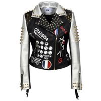 Nouvelle veste en cuir PU femmes Lettre Imprimer Graffiti Rivets Coats Punk Biker frangée Motorcycle Cazadora Cuero Mujer S à XXL 3XL