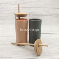 480ml 16oz Glass Mug Juice Cup Milk Mugs With Silicone Sleeve Bamboo Lid and Straw Enviroment-friendly Novelty Tumbler Wine Bottle Office Car Panda Drinkware DD0209