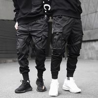 Мода-мужчины ленты цветные блок черные карманные грузовые брюки черные гарема пробежки Harajuku бедра ударные брюки