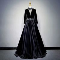 2022 A- Line Prom Dresses Long Sleeves Satin Floor Length Hal...