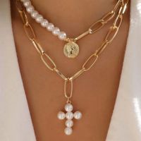 Collar de perlas de monedas colgante de la cruz multi capa para las mujeres bohemia gargantilla de oro moderno joyería