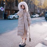 Mulheres para baixo parkas xadrez casaco de algodão 2022 inverno moda coreano solto branco pato abaixo do joelho mais longa jaqueta de espessura com capuz gj2