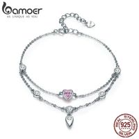 Romantic 925 Sterling Silver Sweet Heart Pink CZ Double Layers Bracelets for Women Jewelry SCB090 220121