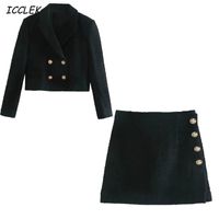 Za Womem's Blazers Office Suits Jackets Cropped Coats Femme Two Pieces Elegant Long Sleeves Crop Tops Black Mujer Sets Chic trf 220120