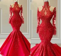 고급스러운 빨간 레이스 드레스 이브닝웨어 인어 무도회 드레스 환상 긴 소매 하이 칼라 구슬로 된 미인 대회 여자 신부 파티 여자