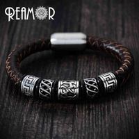 Reamor Trendy Men Black Leather Armband 316L Rostfritt stål Viking Bead Armband med stark magnetlås 17-21cm 220117