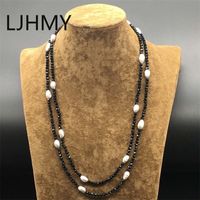 String Black Onyx Faceted Sparking Real Freshwater Pearl Halsband Lång 50 inches Punk Layered Custom Halsband Kvinnor Y200730