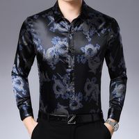 Heren Casual Shirts Dragon Gedrukt Mens Satijn Koninklijke Blauwe Lange Mouw Chinese stijl Kleding Sociaal