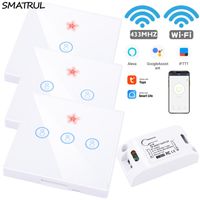 Smatrul Tuya Smart Life App Wifi Touch Switch Light RF 433MHz Väggpanel DIY Relä Timer Hem Amazon Alexa Socket Lampa 90-250V T200605