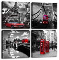 Canvas Wall Art Home Decor Black and White Cityscape London Paris Buildings Red Bus Telephone Booth Classic Cars Pictures for Bedroom Bathroom Living Room