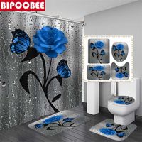 3D Butterfly Flower Fabric Waterproof Shower Curtain Bathroom Curtains Set Blue Rose Non-Slip Rug Toilet Lid Cover and Bath Mat 220117