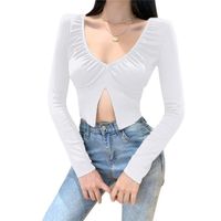 Women's T-Shirt Women Sexy V-neck Split Crop Top Fashion Long Sleeve Solid Color Casual Slim Work Out For
