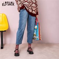 Elfsack Blue Solid Bolso Lavado Casual Mulheres Calças de Jeans 2020 Inverno Elástico Cintura Coreano Loose Escritório Senhoras Calças Diárias LJ201013