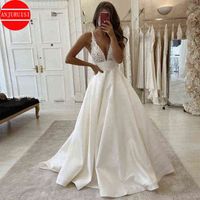 Sexy Deep V Neck Wedding Dress 2020 Boho Vestido De Noiva White Satin A Line Bridal Gowns Simple Appliques Back Less With Pocket H0105
