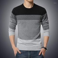 Повседневный мужской свитер о-шеи полосатая стройная подтяжка вязаная одежда 2020 осень мужские свитеры пуловеры пуловерные люди тянуть Homme M-3XL1