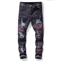 Trendy Ripped Purple Men Slim Fit Jeans Tight Ankle Motor Biker Pants Punk Rock Hole Color Contrast