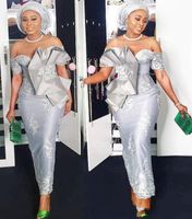 2021 Aso Ebi stile fuori dalla spalla Prom abiti a maniche corte d'argento Mermaid tea-lunghezza occasione convenzionale Nigern Style