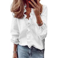 Frauen Blusen lässig Solid Color Ruffle Collar Lange / Kurzarm Ruffle Hemden Bluse V-Ausschnitt T-Shirt Top Plus Größe S-5XL