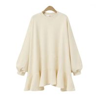 Kadın Kazak Sweatershirt Elbise O Boyun Casual Gevşek Flowy Swing Shift Elbiseler Uzun Kollu Fırfır Mini Elbises1