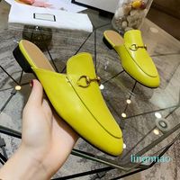 fashion-Men Women Leather Slippers Soft Cowhide Lazy Womens Slides Shoes Metal Buckle Beach Slipper Classic Lady Slide Loafer