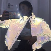 Yansıtıcı Gri Fermuar Boy Kadın Ceketler Uzun Kollu Düğme Gevşek Kalın Kırpılmış Ceket Seksi Streetwear Coat Kış