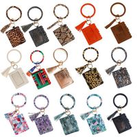 Leopard Print PU Leather Bracelet Keychain Party Favor Credit Card Wallet Bangle Tassels Key Ring Handbag Lady Accessories a53
