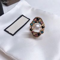 Vintage Copper With 18k Gold Plated Colorful Crystal Big White Pearl Flower Pendant Open Ring For Women Jewelry