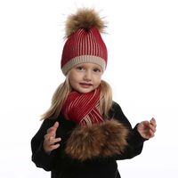 女の子の男の子のための赤ちゃんの冬の帽子本物の毛​​皮のポンポムの子供の帽子とスカーフセットの縞模様のニットビーニースカーフ220124