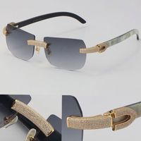 2022 nouvelles lunettes de soleil de diamant micro-pavées originales véritables rayures naturelles noires et blanches à rayures verticales de la corne de buffles de buffle sans monture 18K or c décoration mâle lunettes