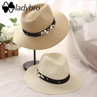 Largo borda chapéus Ladybro verão chapéu de palha para mulheres praia de praia jazz jazz lady flower grânulos chapeau visor tampão sombrero fêmea1