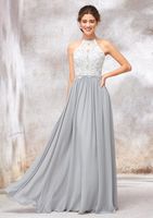 A-line Lace Chiffon Long Bridesmaid Dresses Jewel Neck Sleeveless Backless Floor Length Party Dress