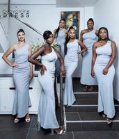 Zarif Gümüş Gri Mermaid Gelinlik Modelleri Bir Omuz Pleats Ayak Bileği Uzunluğu Uzun Hizmetçi Onur Abiye Güney Afrika Kızlar Artı Boyutu Düğün Konuk Giysiler