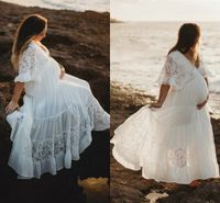 로맨틱 해변 Boho 출산 웨딩 드레스 V 넥 짧은 소매 레이스 시폰 컨트리 디자이너 저렴한 웨딩 드레스 신부 가운