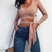 Women's T-Shirt Women Long Sleeve Crop Tops 2022 Summer Fall U Neck Bandage Solid Color Tee Ladies Casual Sexy Club Shirts Female