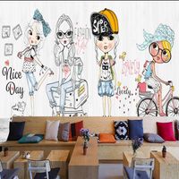 Drop frete Personalizado papel de parede mão pintado desenhos animados menina desenhos animados moda show de vestuário loja wallpaper