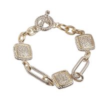Real Gold Plated Two Tone 3 Square Cable Link Chain Toggle Bracelet *TB025