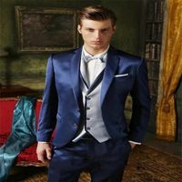 Мужские костюмы Blazers 2021 Высококачественный индивидуальный блестящий темно-синий зарезанный отворотный жениха Fuxedo свадебный ужин 3 шт (куртка + брюки галстуки VES