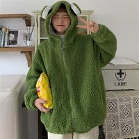 QWEEK Kawaii Frog Hoodie Women Cute Zip Up Sweatshirt Animal Ears Zipper Pullover Korean Style Sweet Green Top Alt Clothes 220118