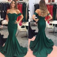 2021 Mörkgrön sjöjungfrun klänning kväll pleat elastisk satin sweep tåg av axeln långa formella tillfälle klänningar billigt