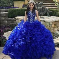 Katmanlı Basamaklı Ruffles Kraliyet Mavi Quinceanera Elbiseler Jewel Boyun Kristal Organze Tatlı Ücretsiz Ücret Taç Vestidos15 Yıl