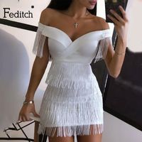 Feditch 2020 Белый кисточкой сексуальное платье Женщины Без спины с плечо короткие мини-летние платья элегантные корпусные платья вечеринки Vestidos