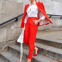 Ladies Fashion Solid Color Long Sleeve Suit Collar Casual Suit Coat Pants Simple Two-piece Set