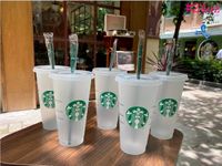 24 Unzen/710 ml Starbucks Meerjungfrau Göttin Plastikbecher Becher wiederverwendbares klares Trinken flacher Bodensäule Formdeckel Strohbecher